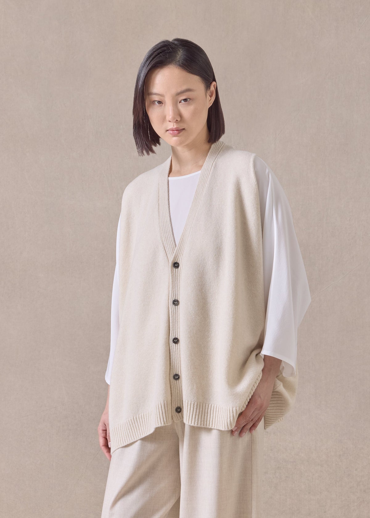 cashmere a-line sleeveless v neck cardigan - mid plus (undyed)