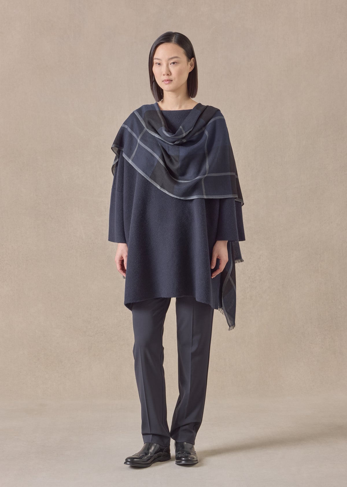 cashmere slash neck 3/4 sleeve sweater - long plus with slits (navydark)
