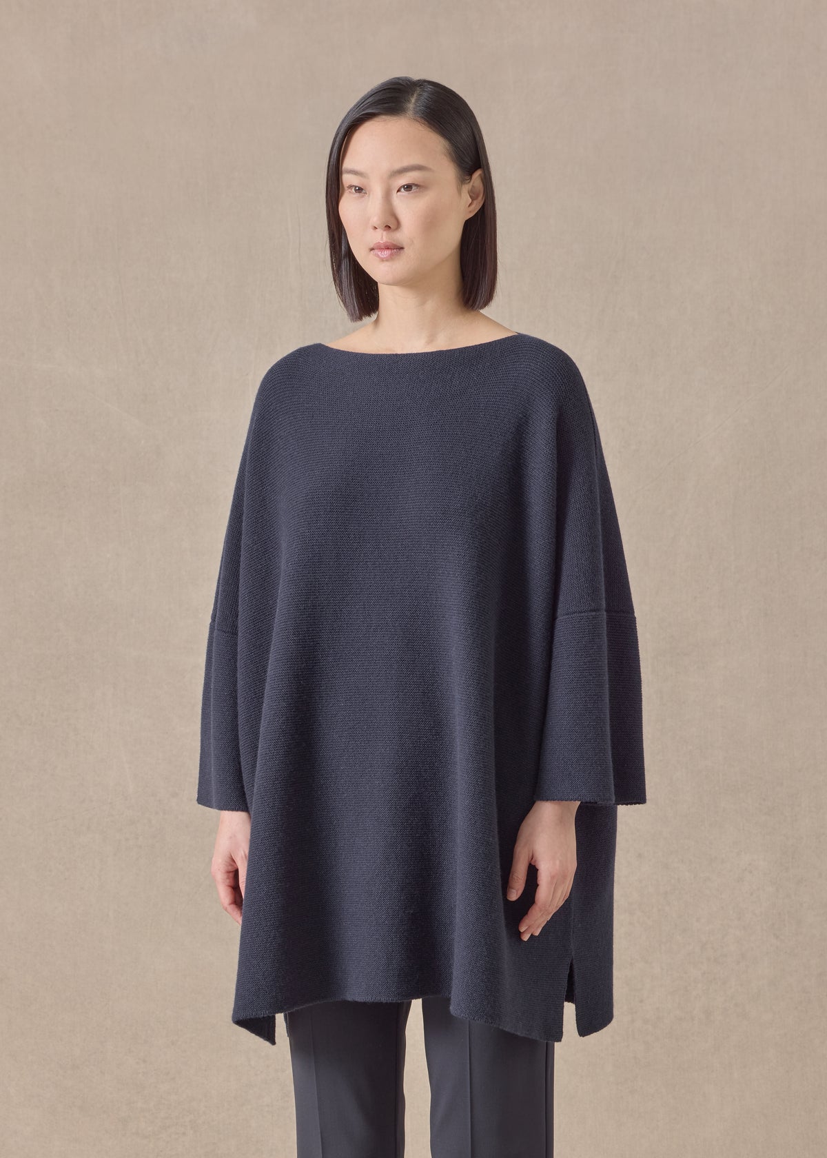 cashmere slash neck 3/4 sleeve sweater - long plus with slits (navydark)