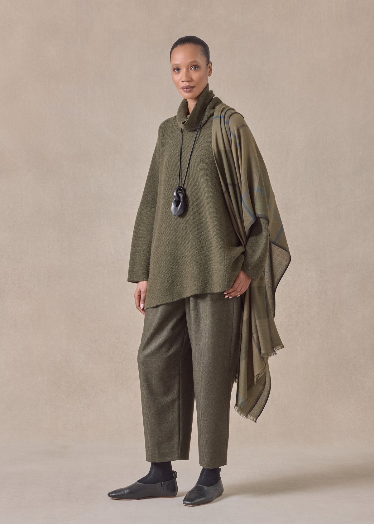 cashmere tartan check scarf (mossbronze/blue)