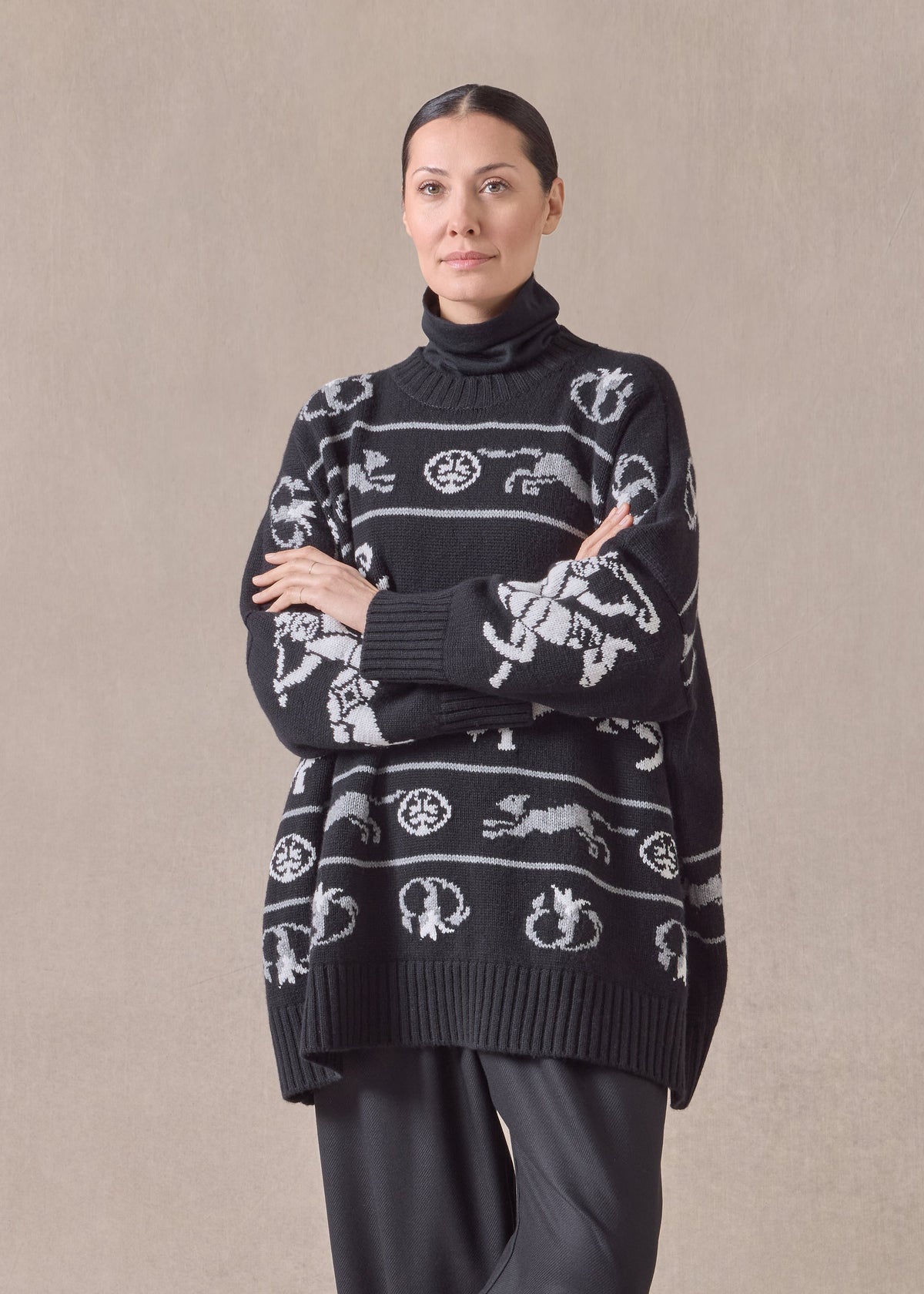 cashmere wide round neck sweater - long (black)