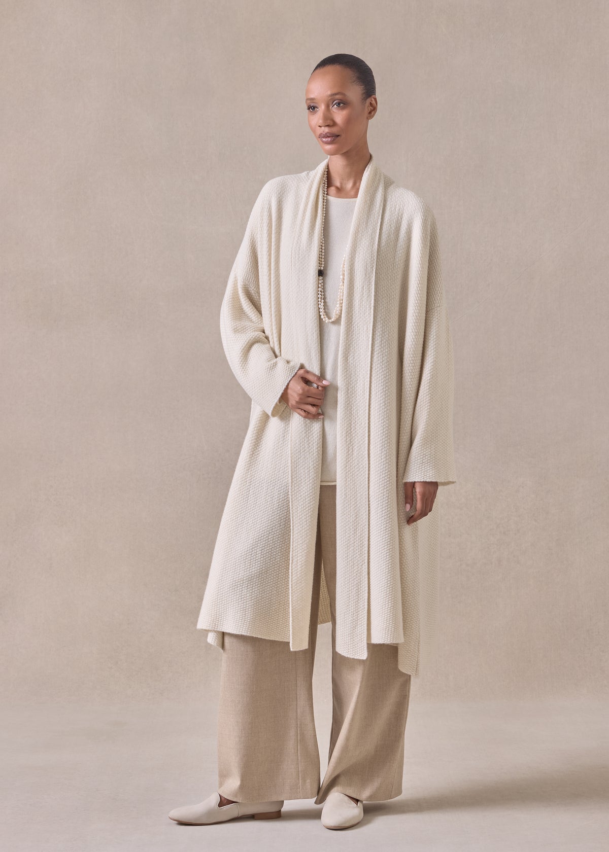 cashmere a-line scrunch shawl collar cardigan - very long (undyed)