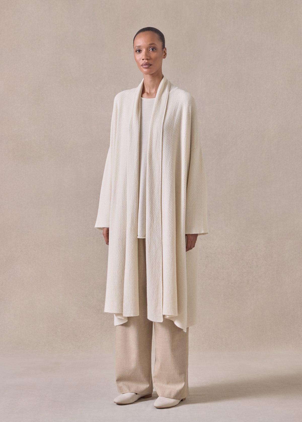 cashmere a-line scrunch shawl collar cardigan - very long (undyed)