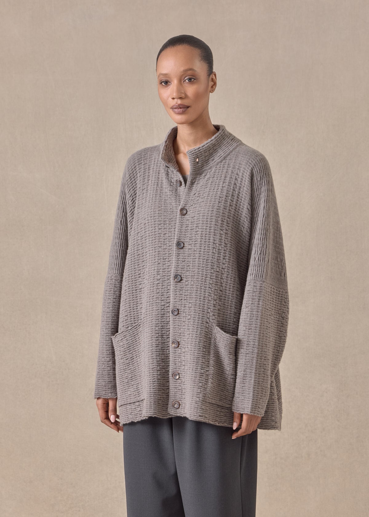 cashmere high neck button cardigan - long