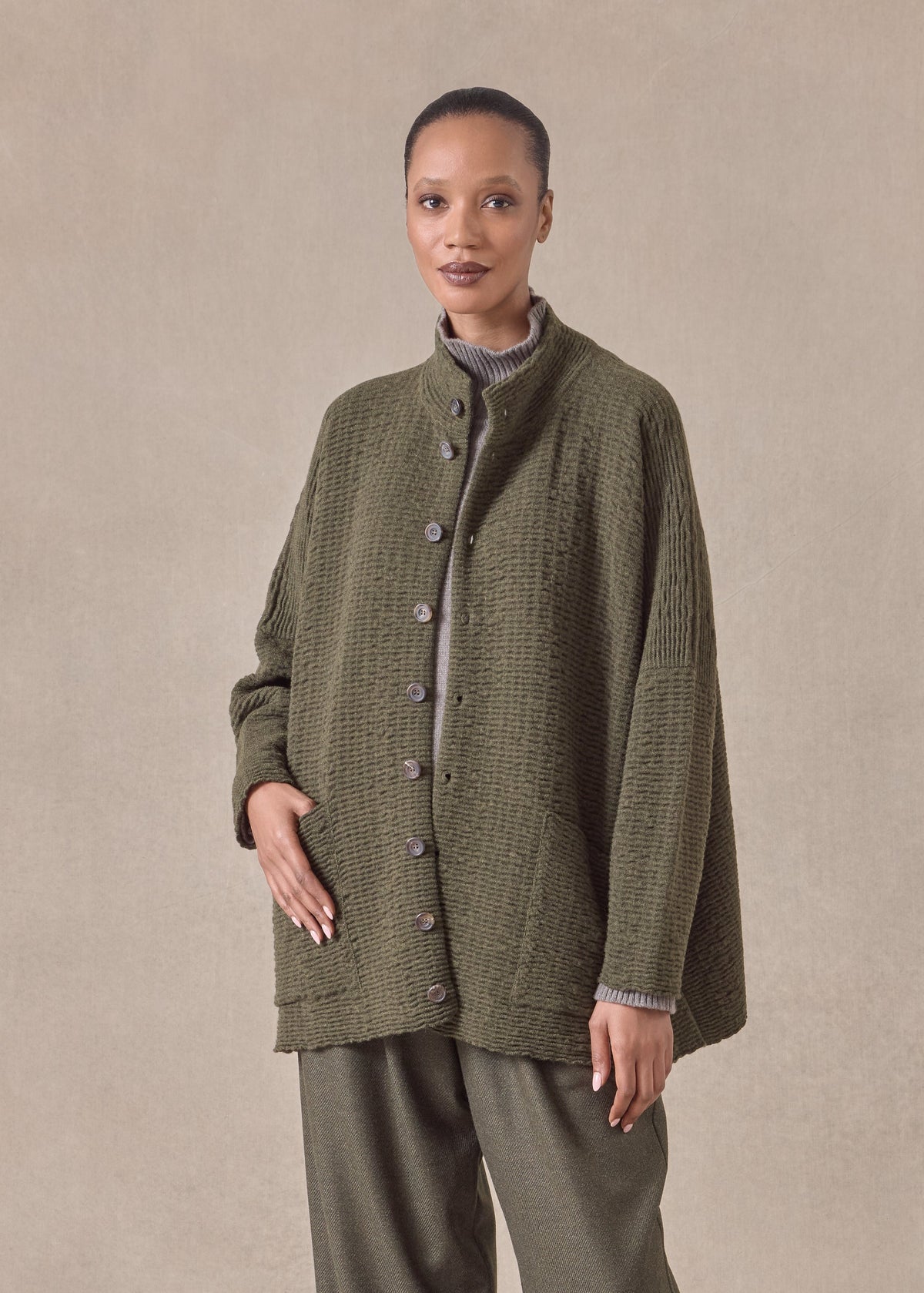 cashmere high neck button cardigan - long (mossbronze)