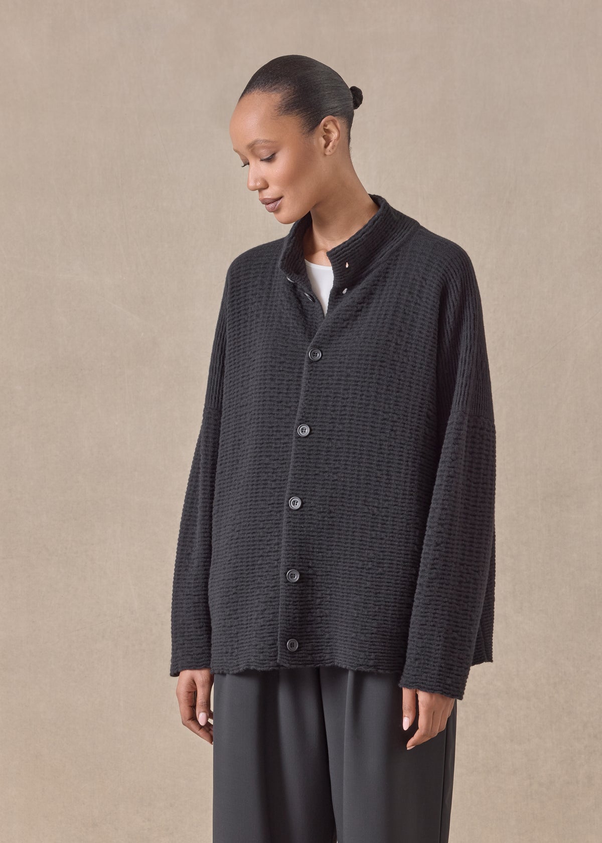 cashmere 3/4 width high neck cardigan - mid (black)