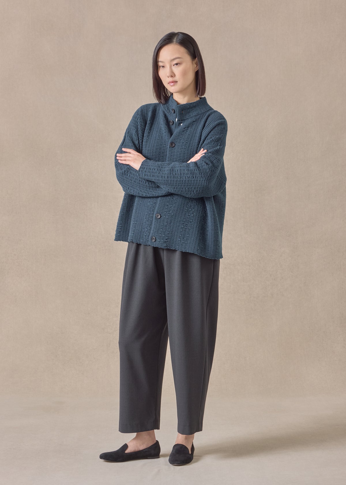 cashmere 3/4 width high neck cardigan - mid