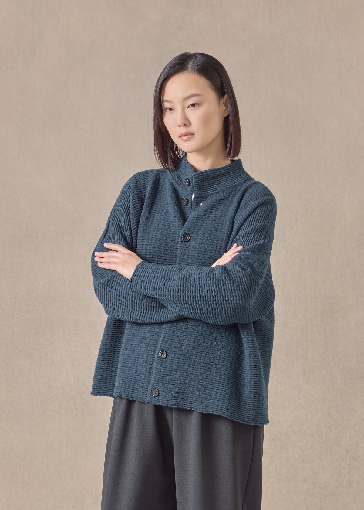 cashmere 3/4 width high neck cardigan - mid (tealdark)