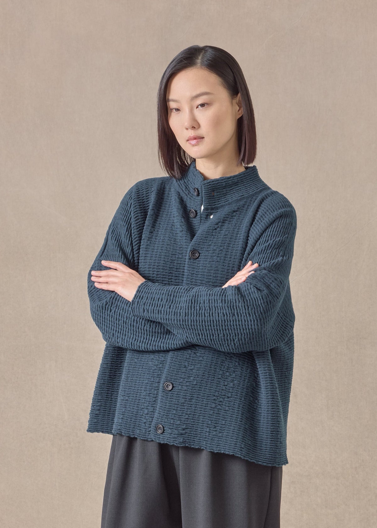 cashmere 3/4 width high neck cardigan - mid (tealdark)