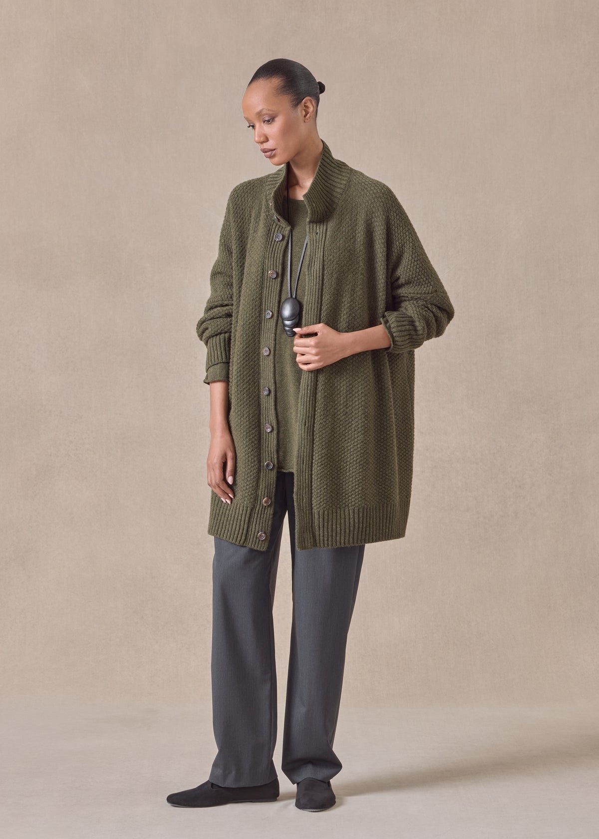 cashmere wide high neck button cardigan - long plus