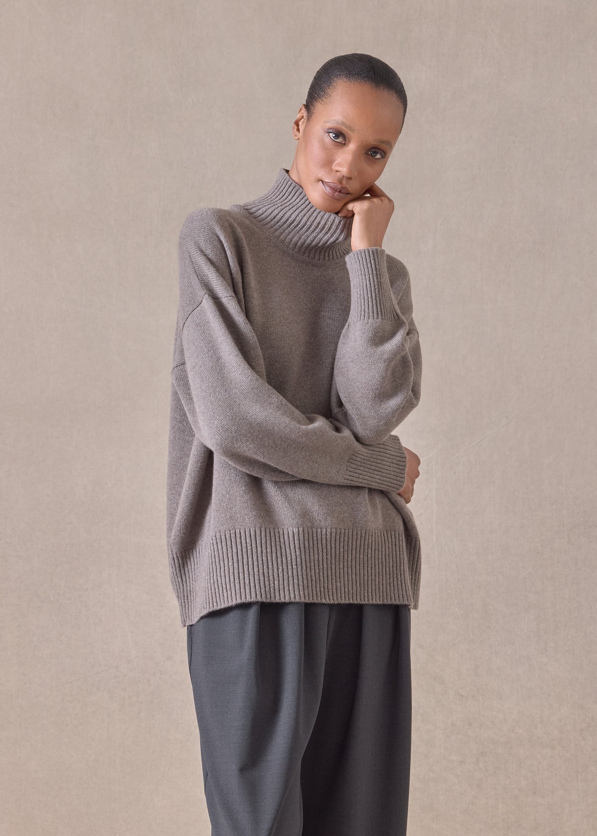 cashmere small long sleeve high neck sweater - mid (bison)