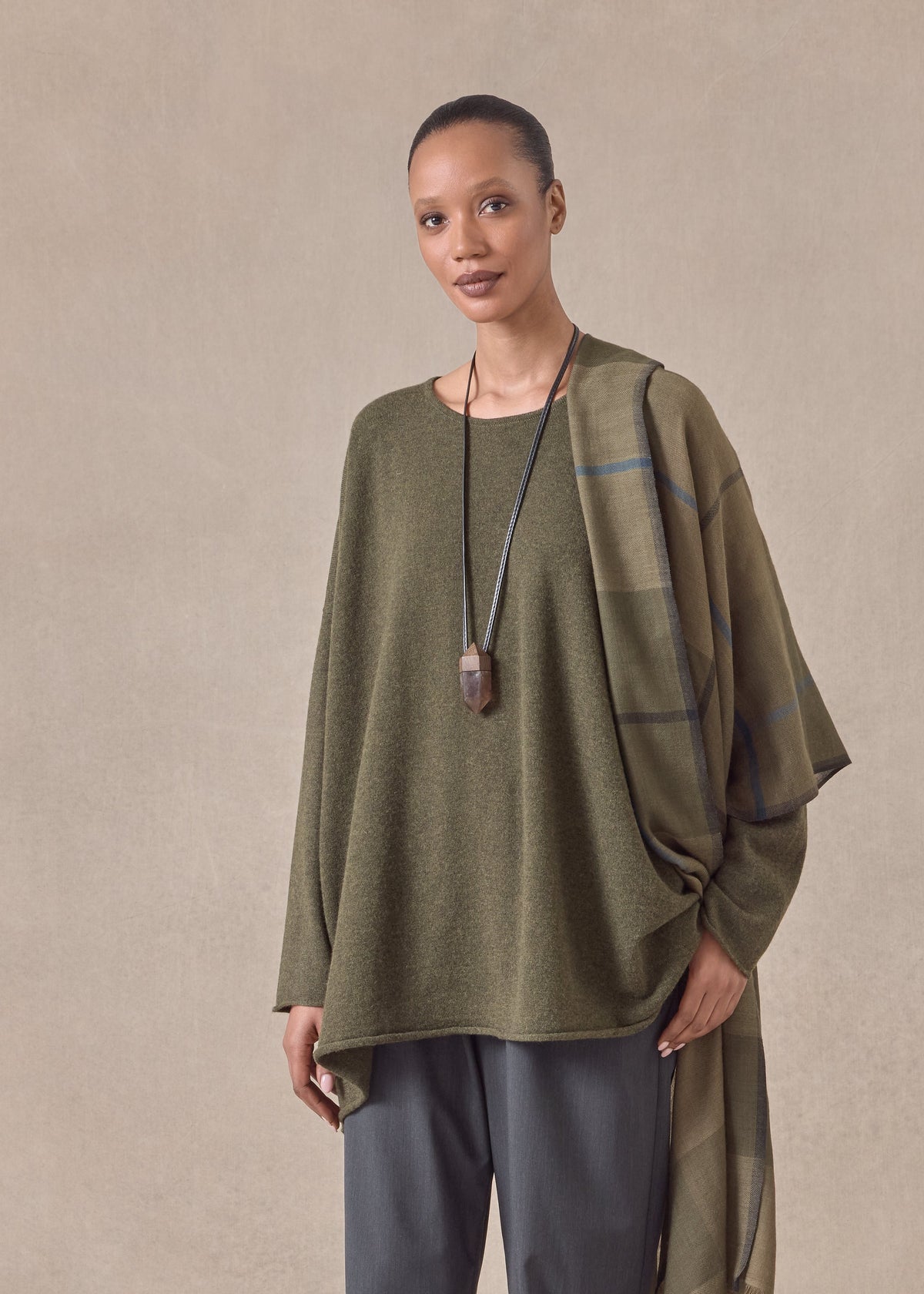 cashmere a-line bateau neck sweater - long (mossbronze)