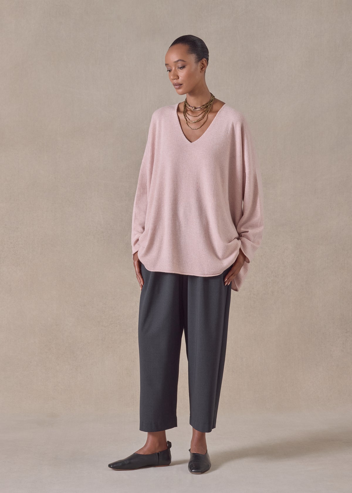 cashmere a-line v-neck sweater - long (rosepowder)