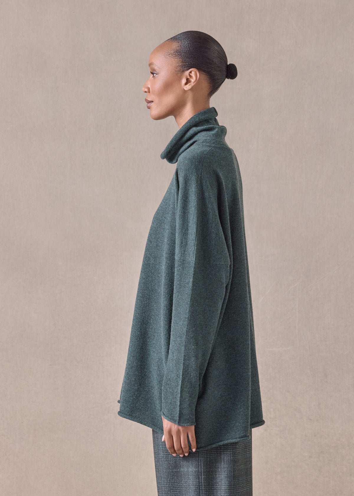 cashmere slim sleeve raw edge scrunch neck - mid plus