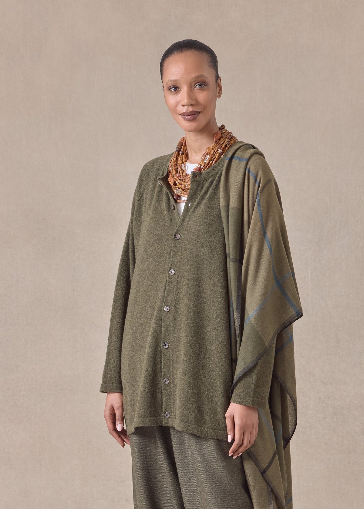 cashmere raglan sleeve round neck cardigan - long (mossbronze)