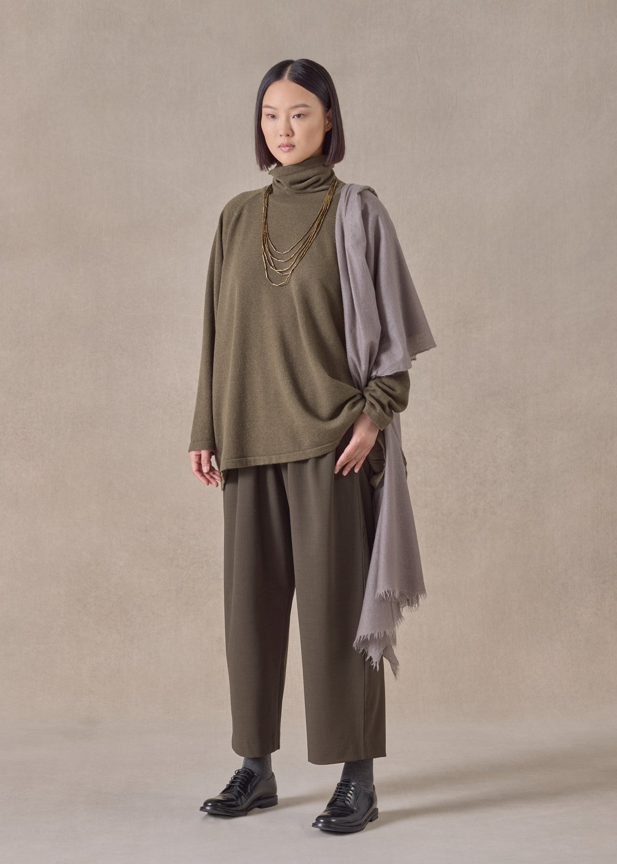 cashmere raglan sleeve scrunch neck sweater - long (antiquebronze)