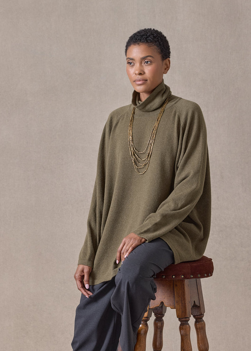 cashmere raglan sleeve scrunch neck sweater - long (antiquebronze)