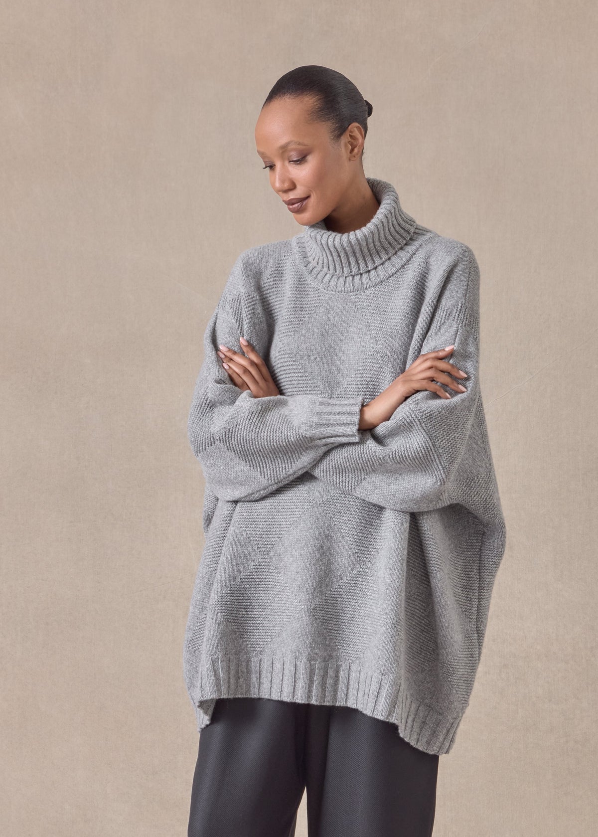 cashmere wide roll neck sweater - long (stonegrey)