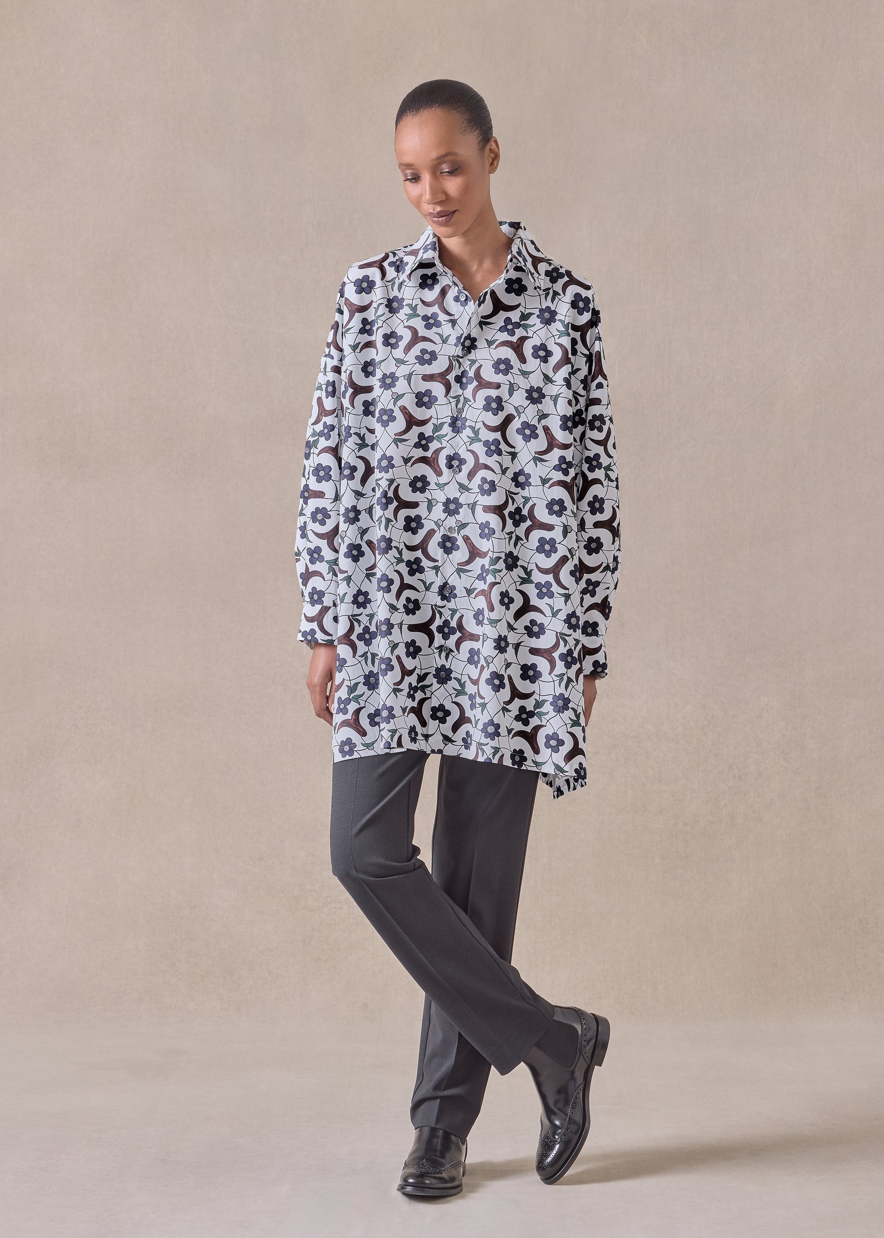 cotton wide a-line shirt with collar - long plus