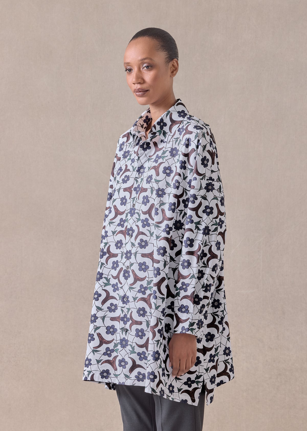 cotton wide a-line shirt with collar - long plus