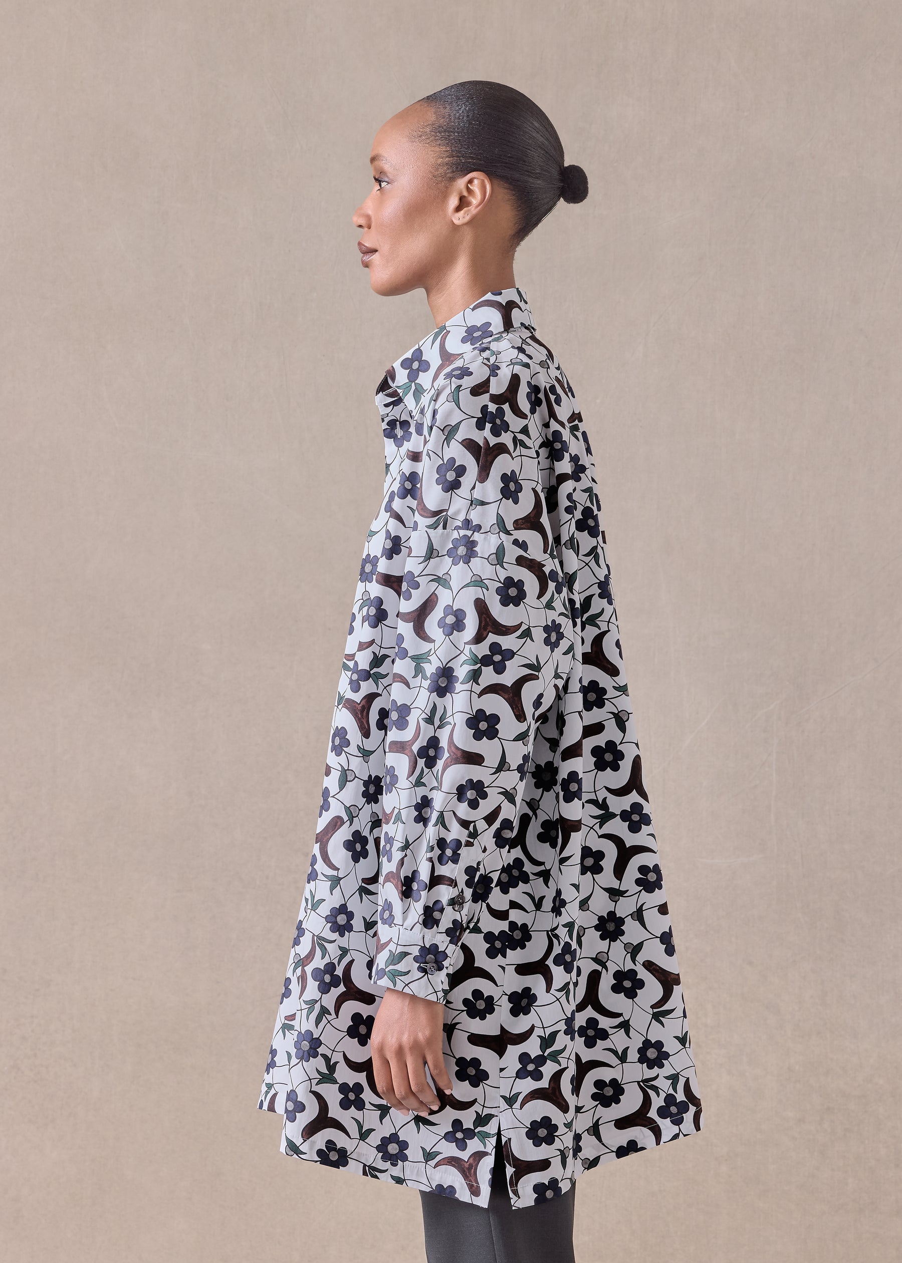 cotton wide a-line shirt with collar - long plus