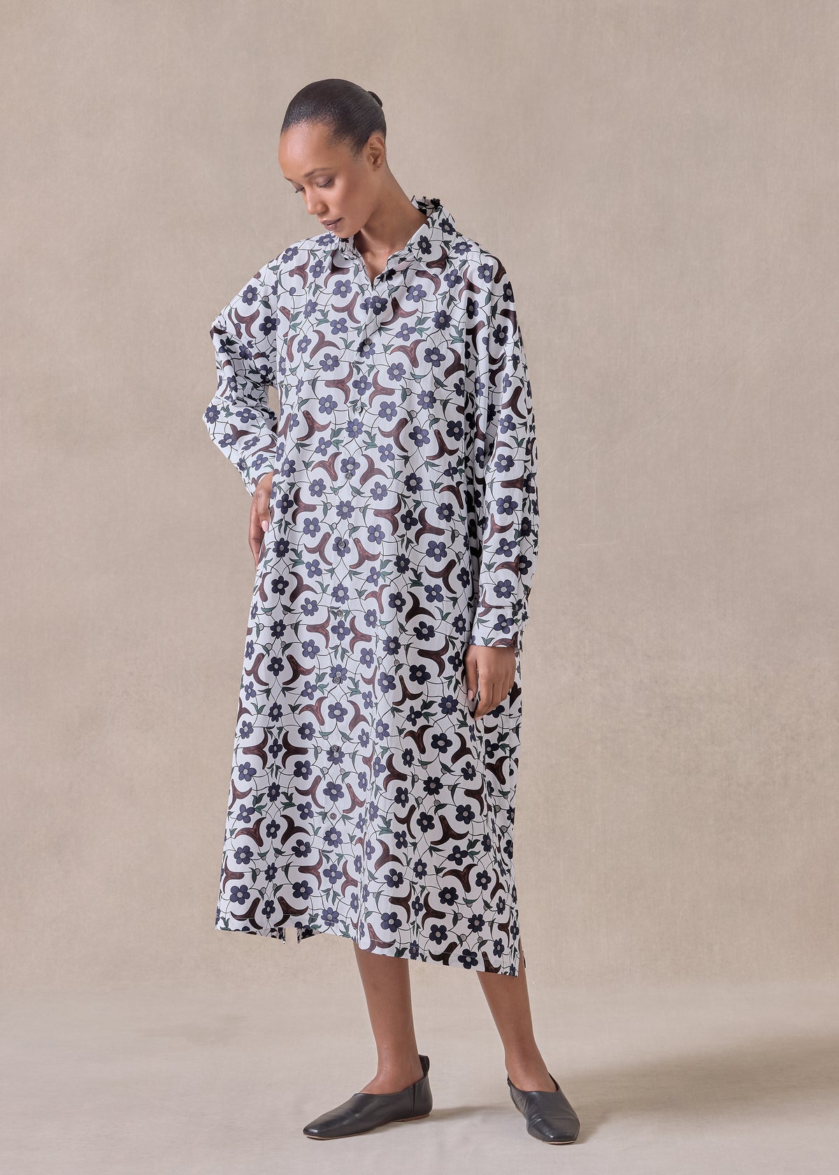 cotton wide a-line shirt dress with collar