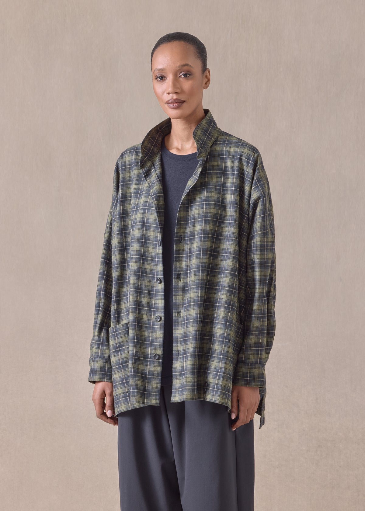 cotton wide longer back double stand collar shirt jacket - long