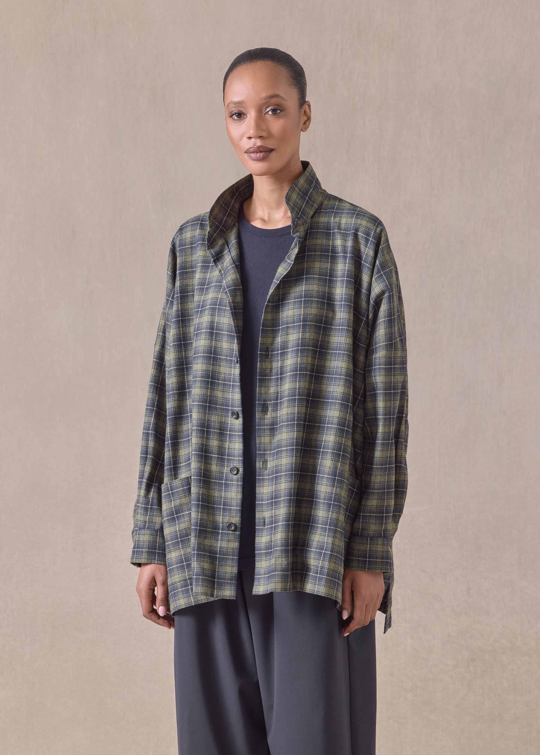 cotton wide longer back double stand collar shirt jacket - long