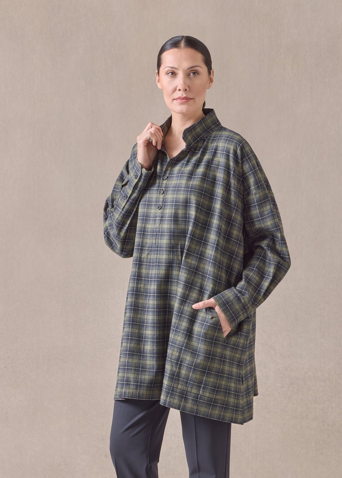 cotton wide a-line artists smock - long plus (olivenavy)