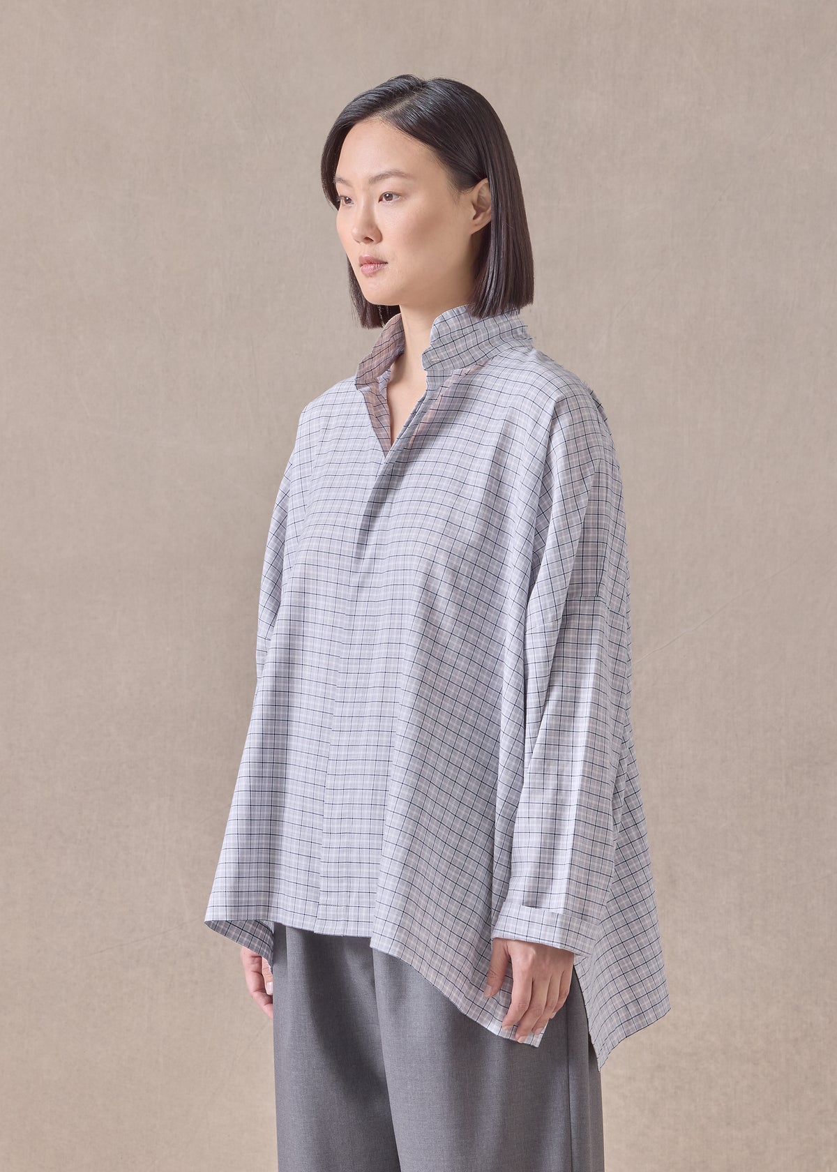 cotton wide longer back double stand collar shirt - mid plus