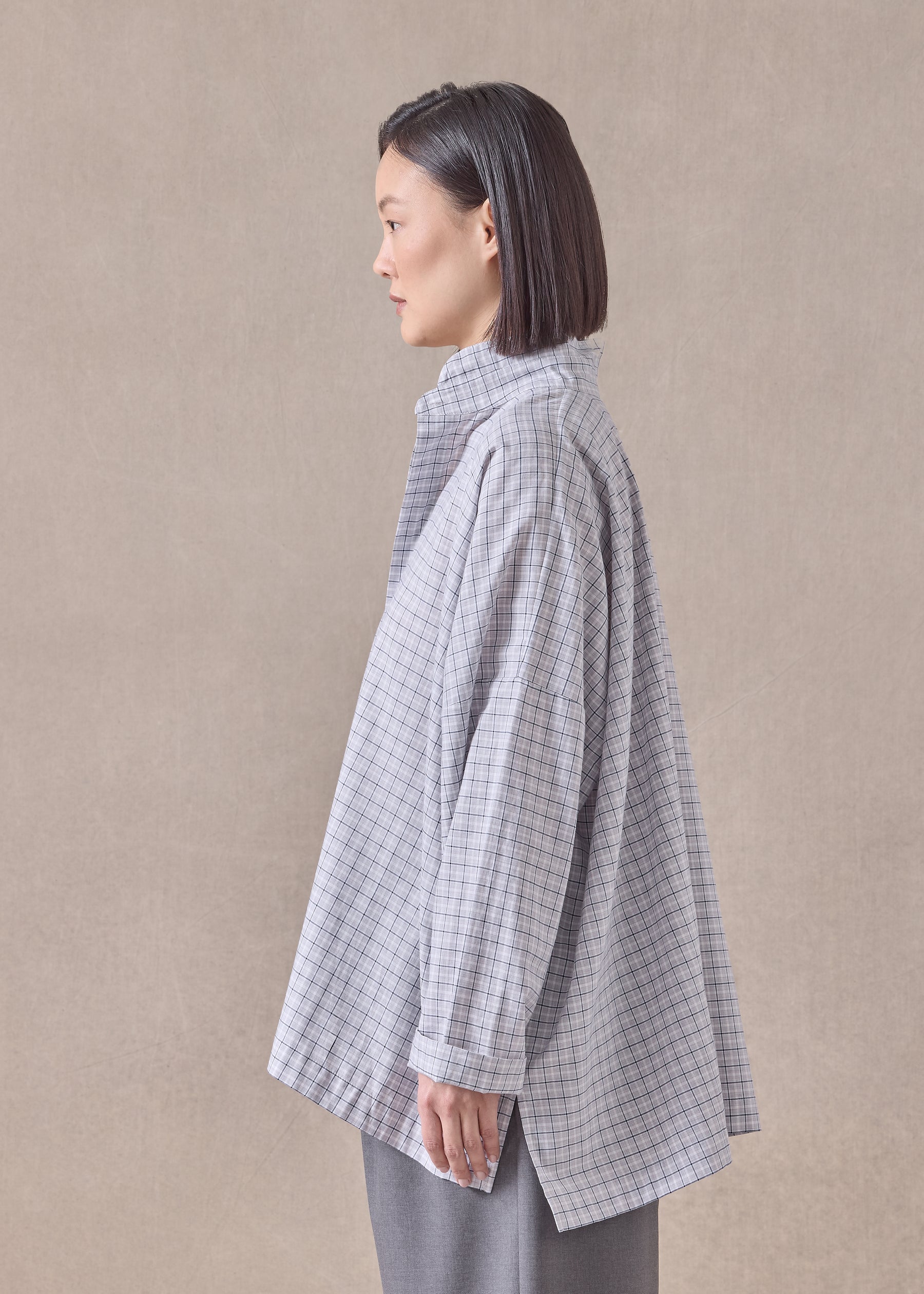 cotton wide longer back double stand collar shirt - mid plus