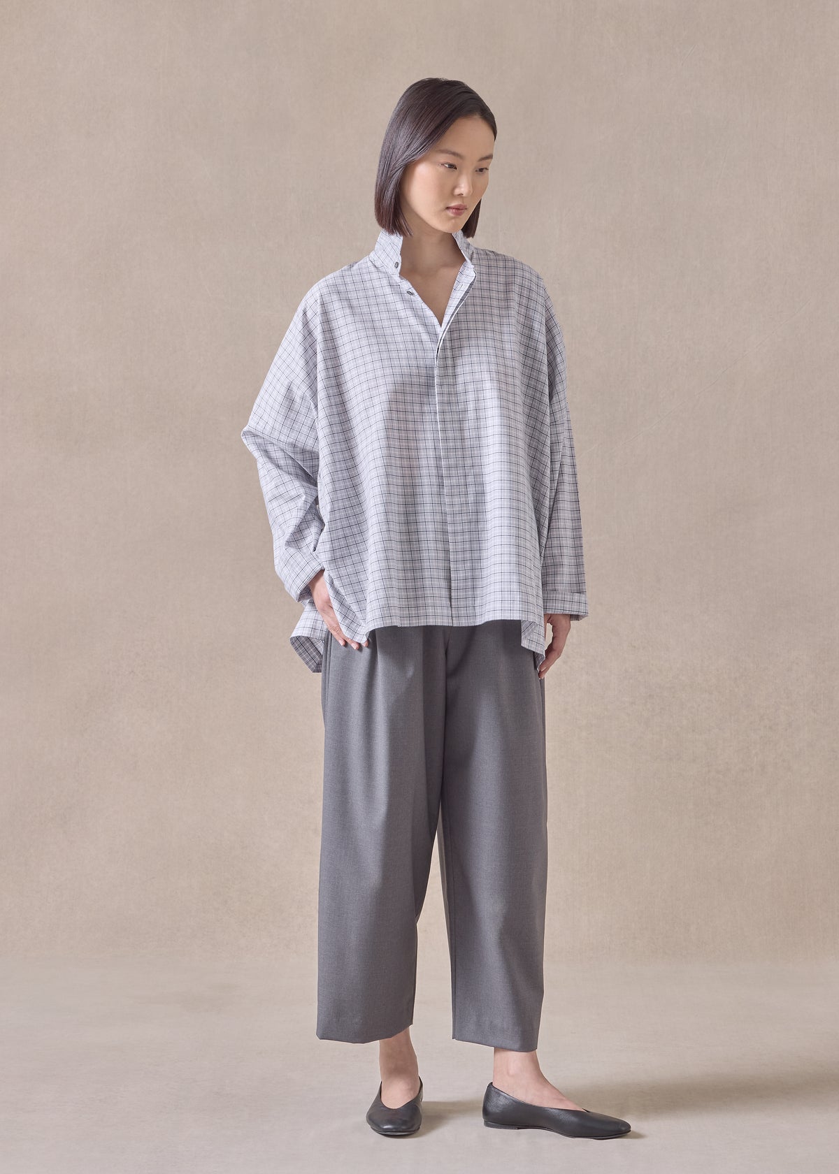 cotton wide longer back double stand collar shirt - mid plus