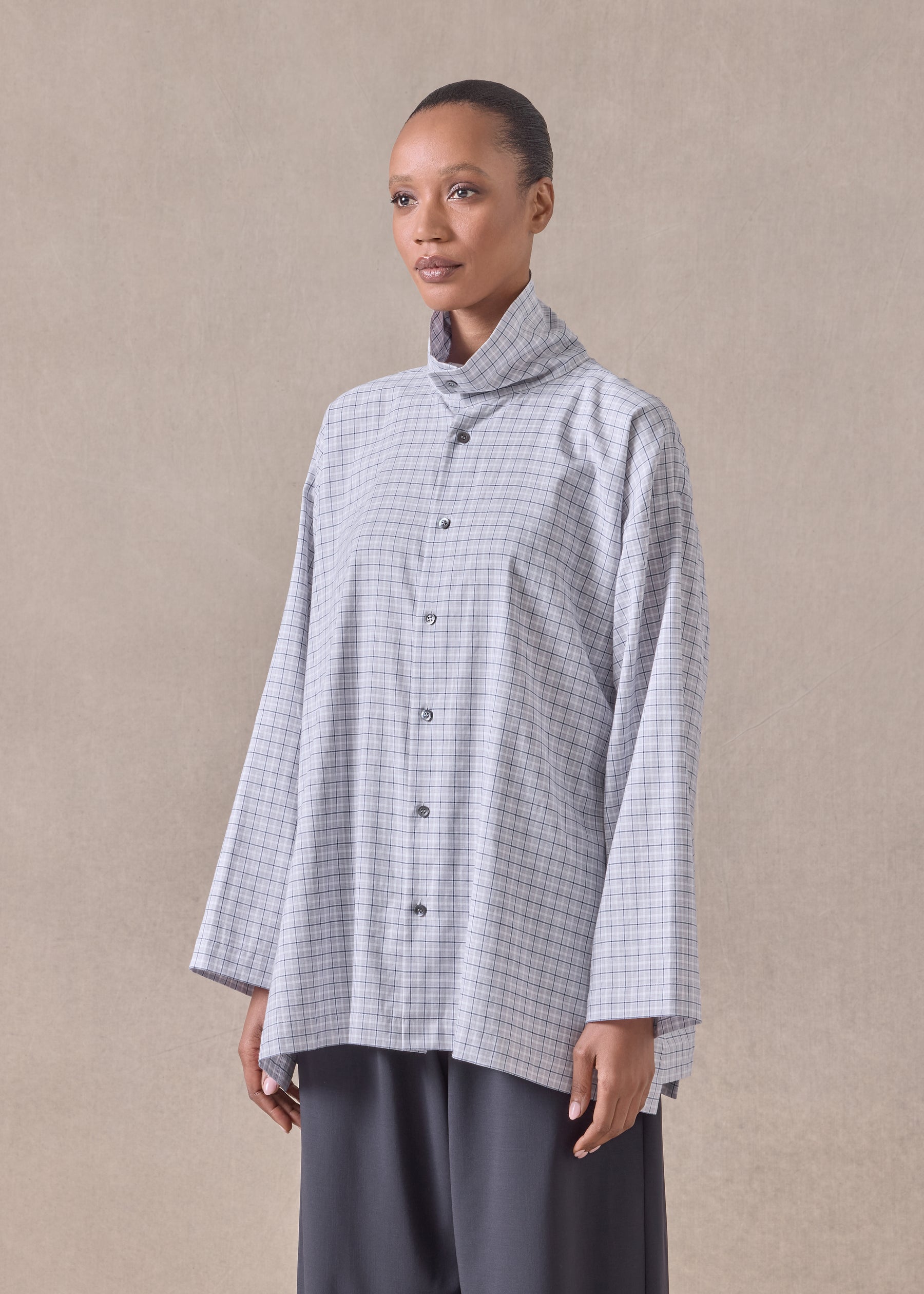 cotton slim a-line scrunch neck shirt with stepped insert - long