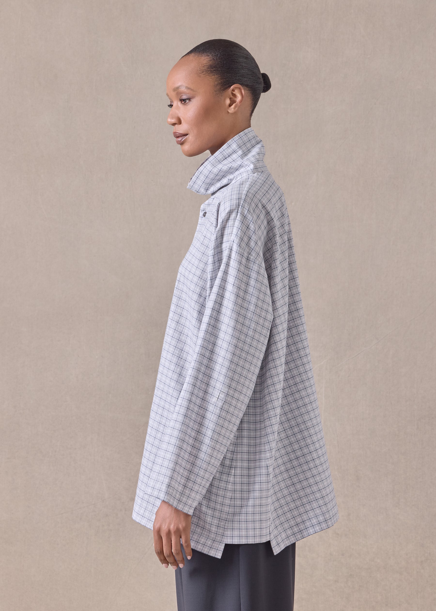 cotton slim a-line scrunch neck shirt with stepped insert - long