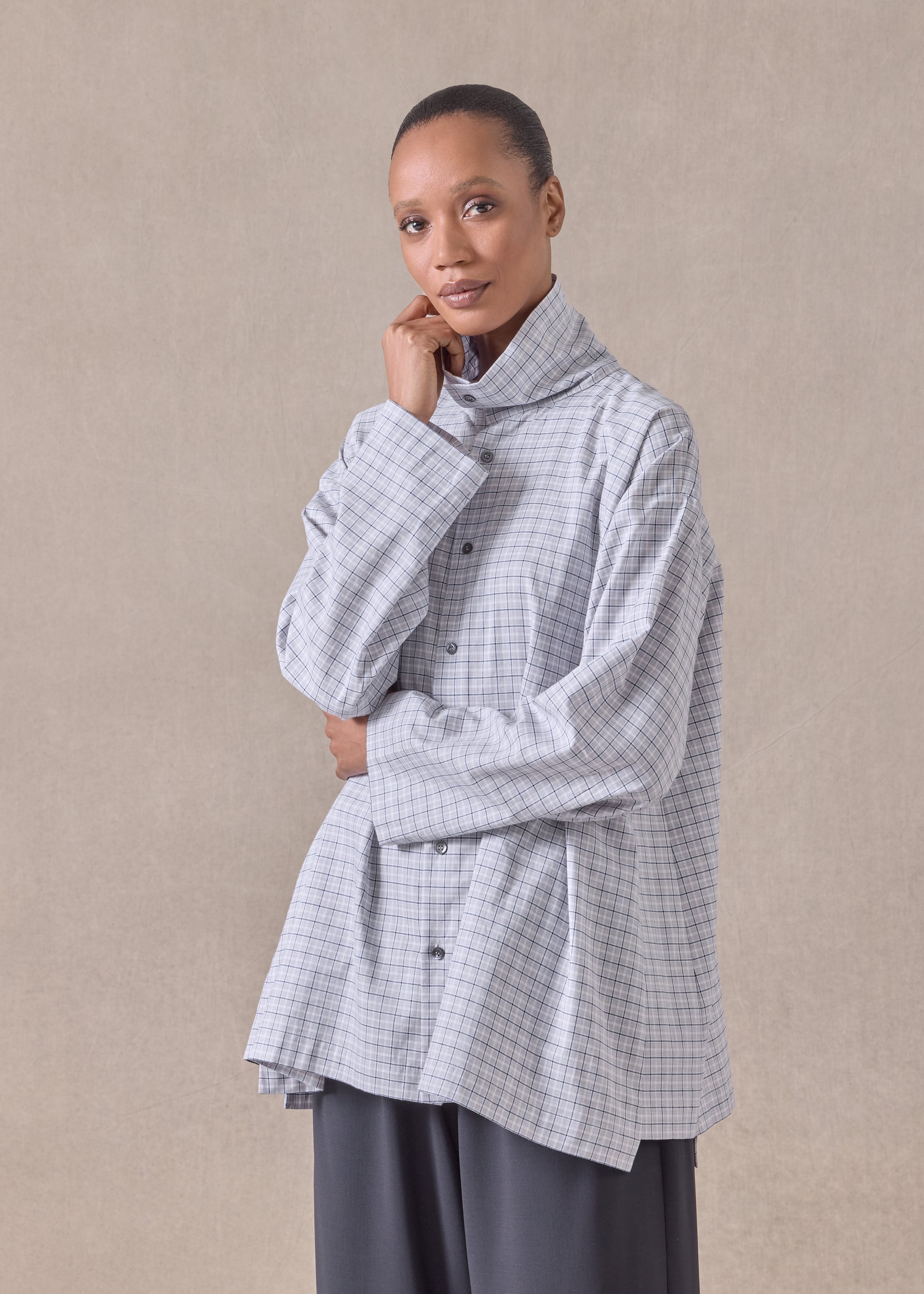 cotton slim a-line scrunch neck shirt with stepped insert - long