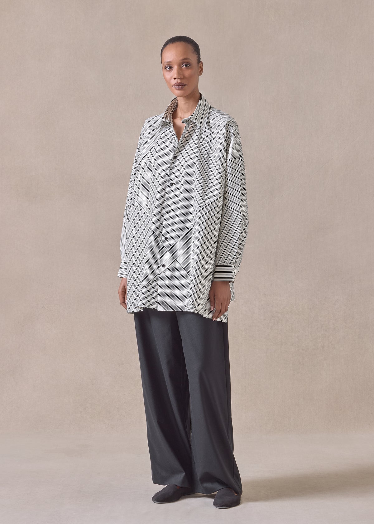 cotton wide a-line shirt with collar - long (patchwork)