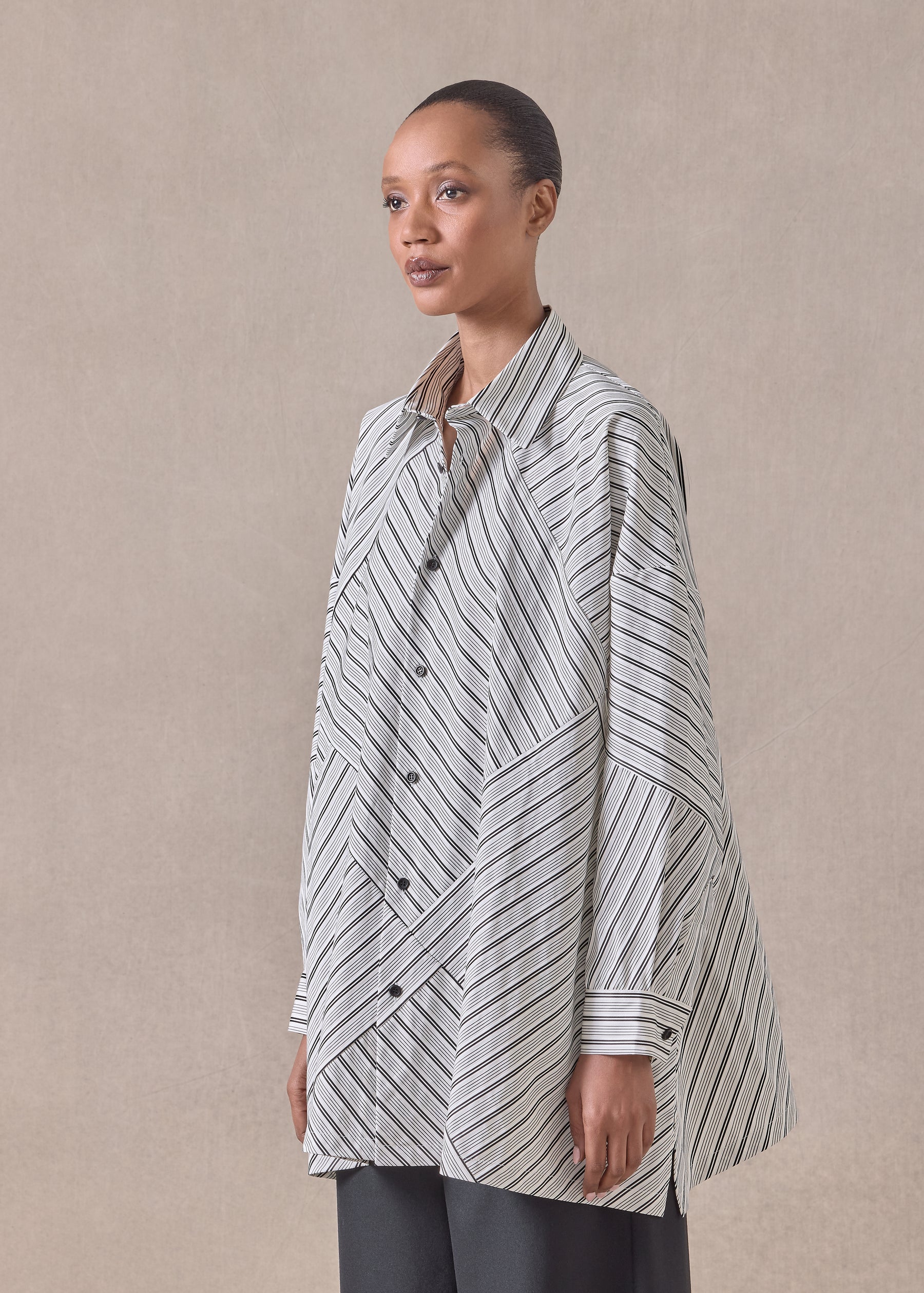 cotton wide a-line shirt with collar - long (patchwork)