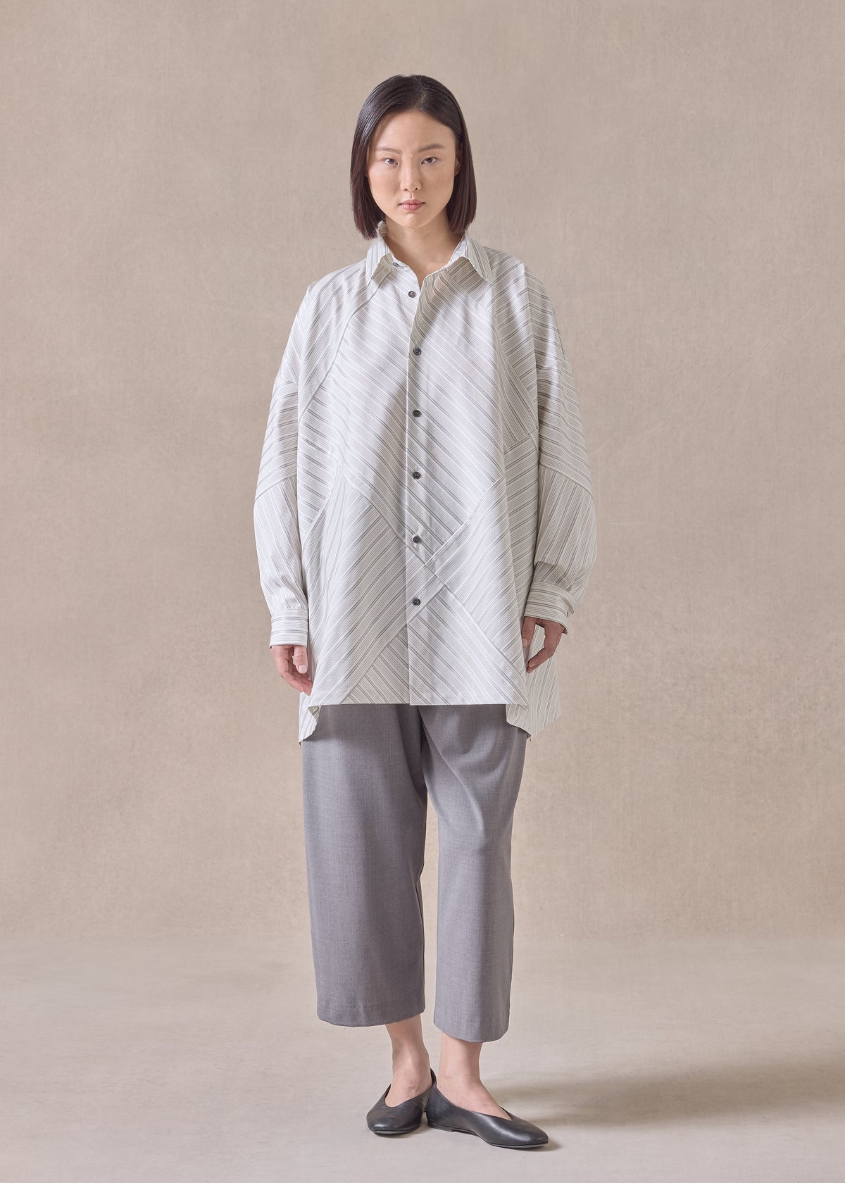 cotton wide a-line shirt with collar - long (patchwork)