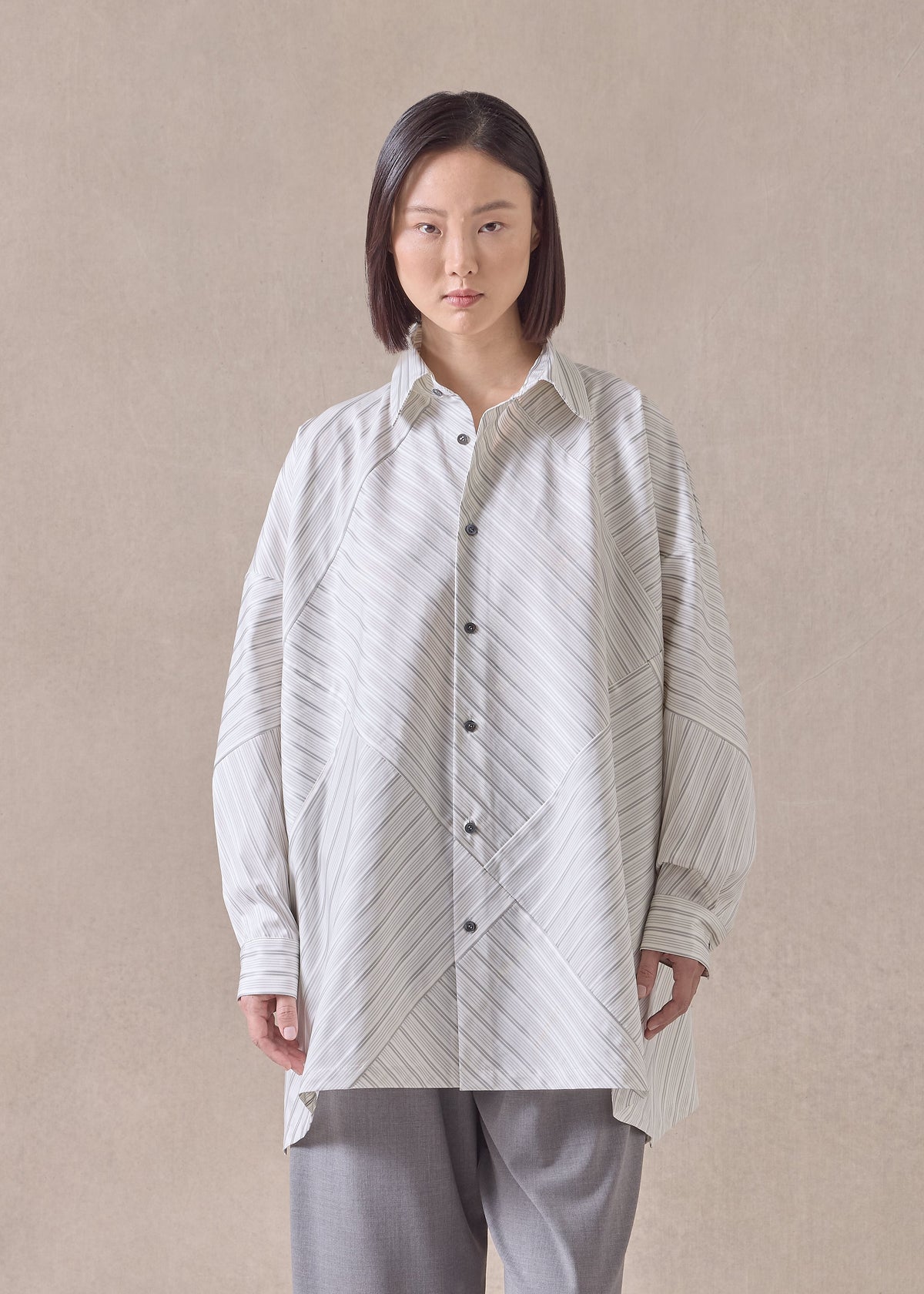 cotton wide a-line shirt with collar - long (patchwork) (silvergrey)
