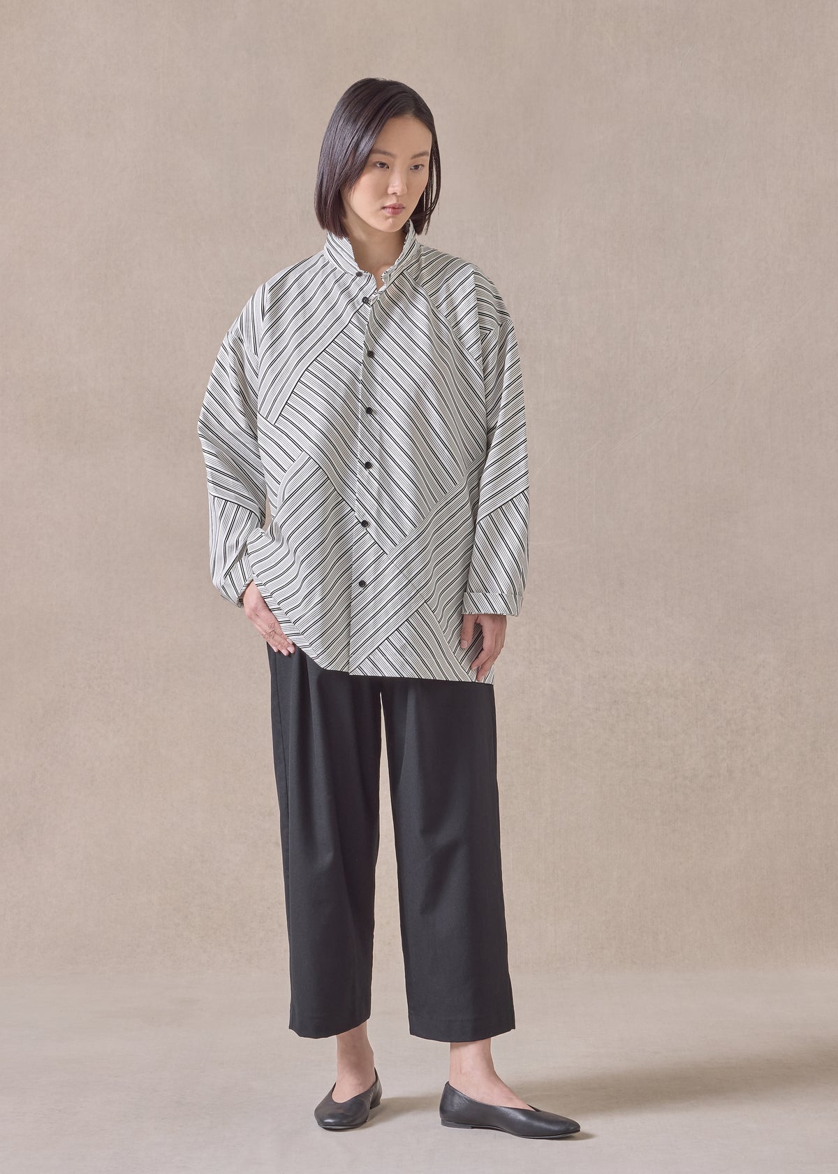 cotton slim a-line double stand collar shirt with stepped insert - long (patchwork)