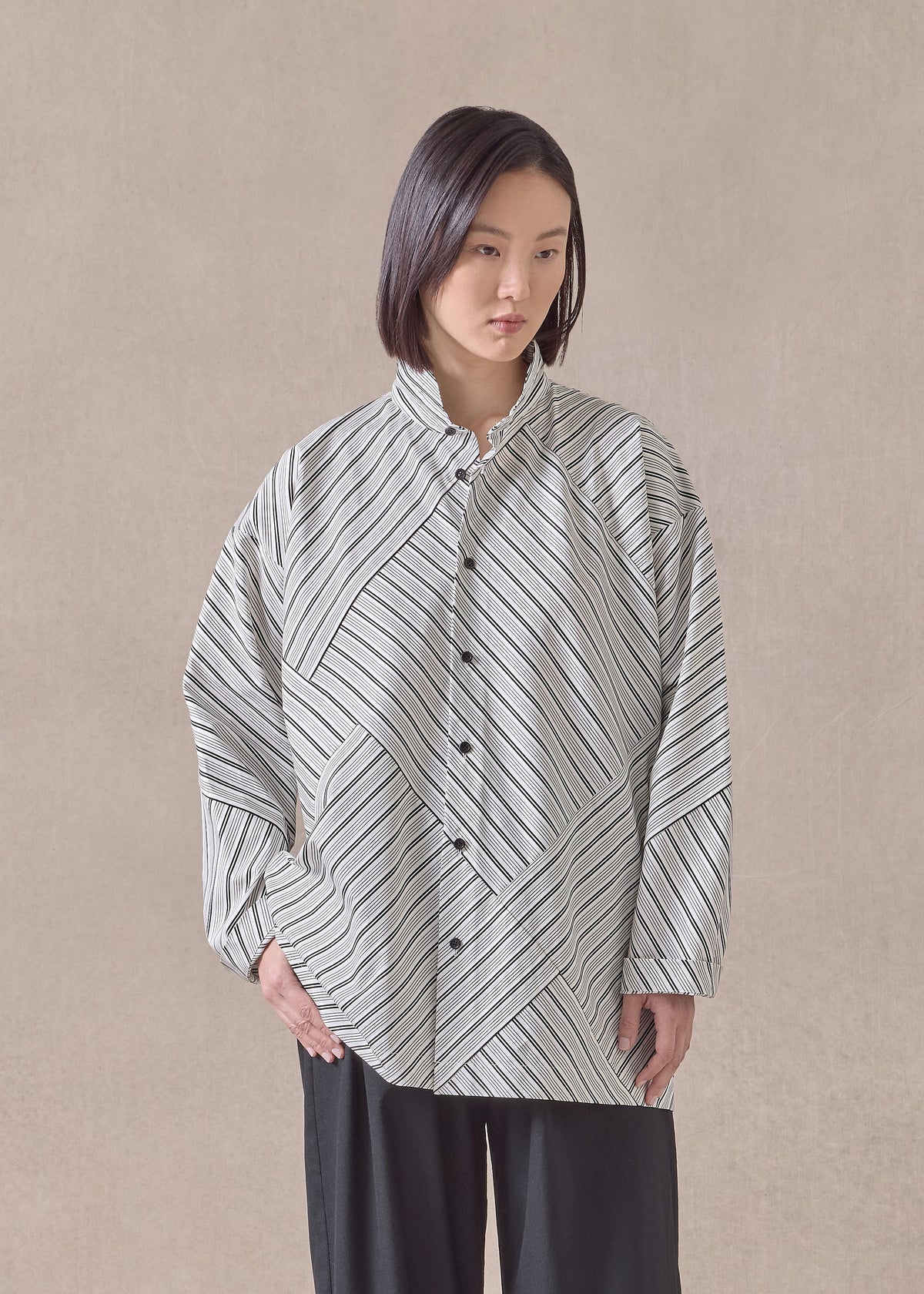 cotton slim a-line double stand collar shirt with stepped insert - long (patchwork) (blackstripe)