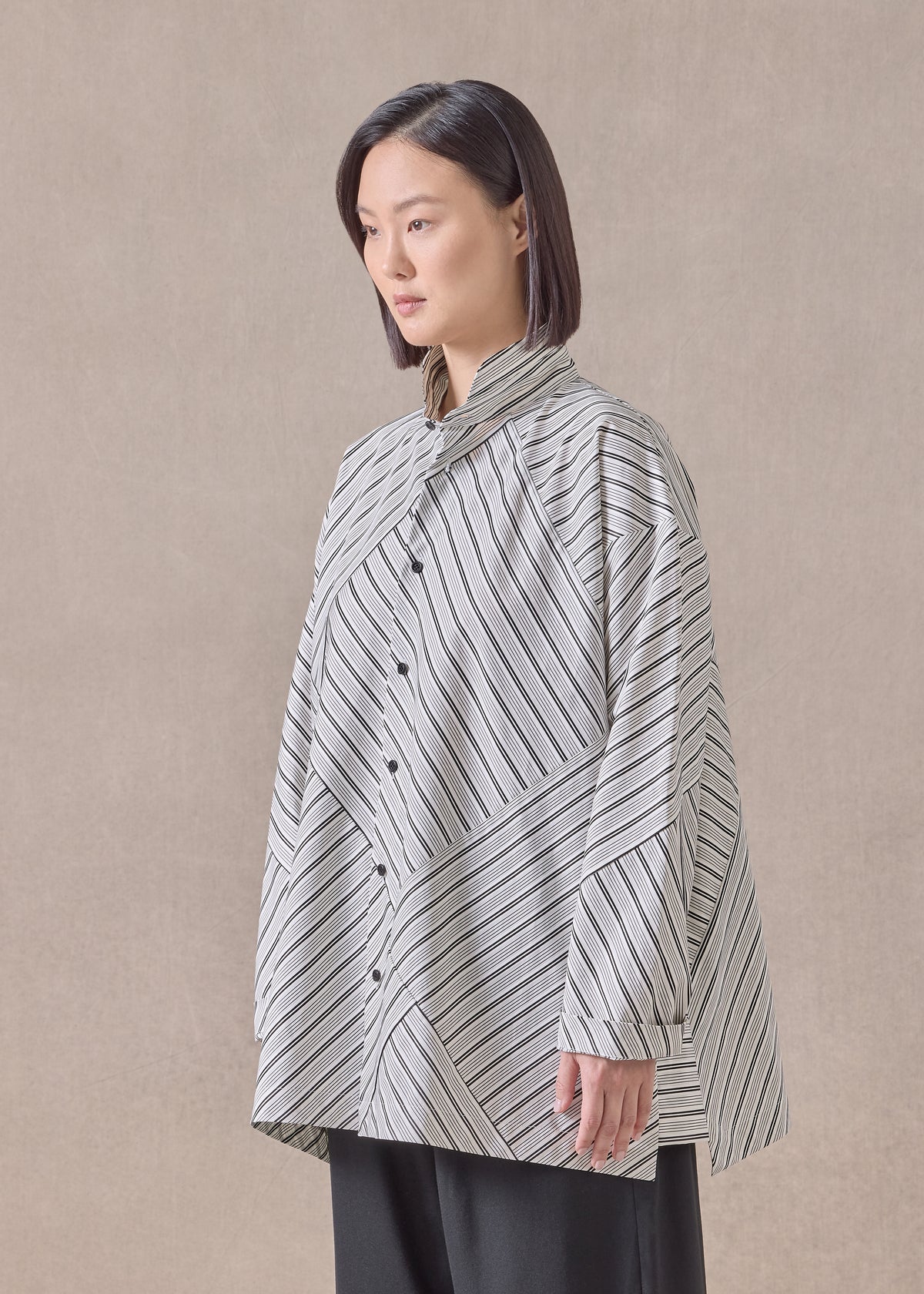 cotton slim a-line double stand collar shirt with stepped insert - long (patchwork)