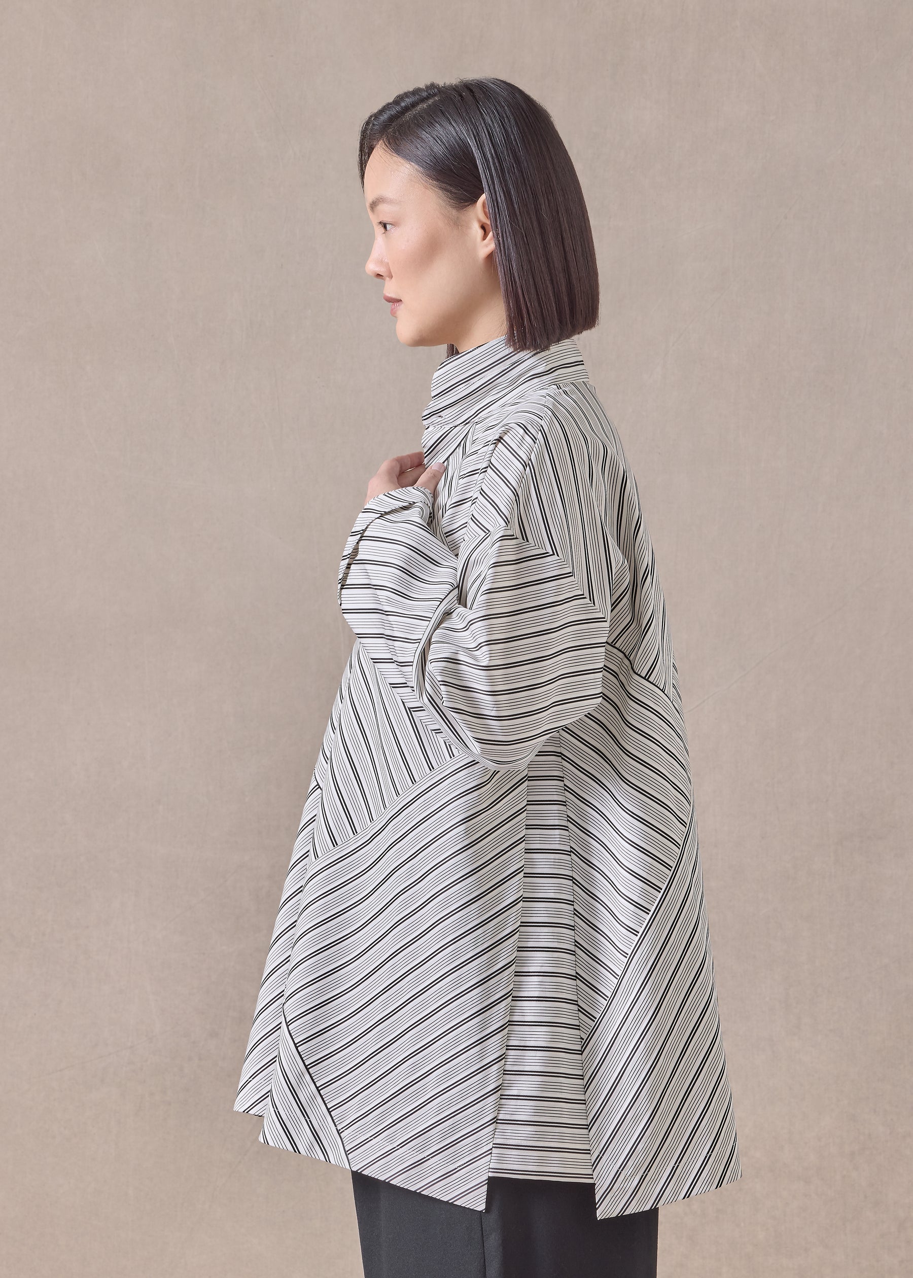 cotton slim a-line double stand collar shirt with stepped insert - long (patchwork)