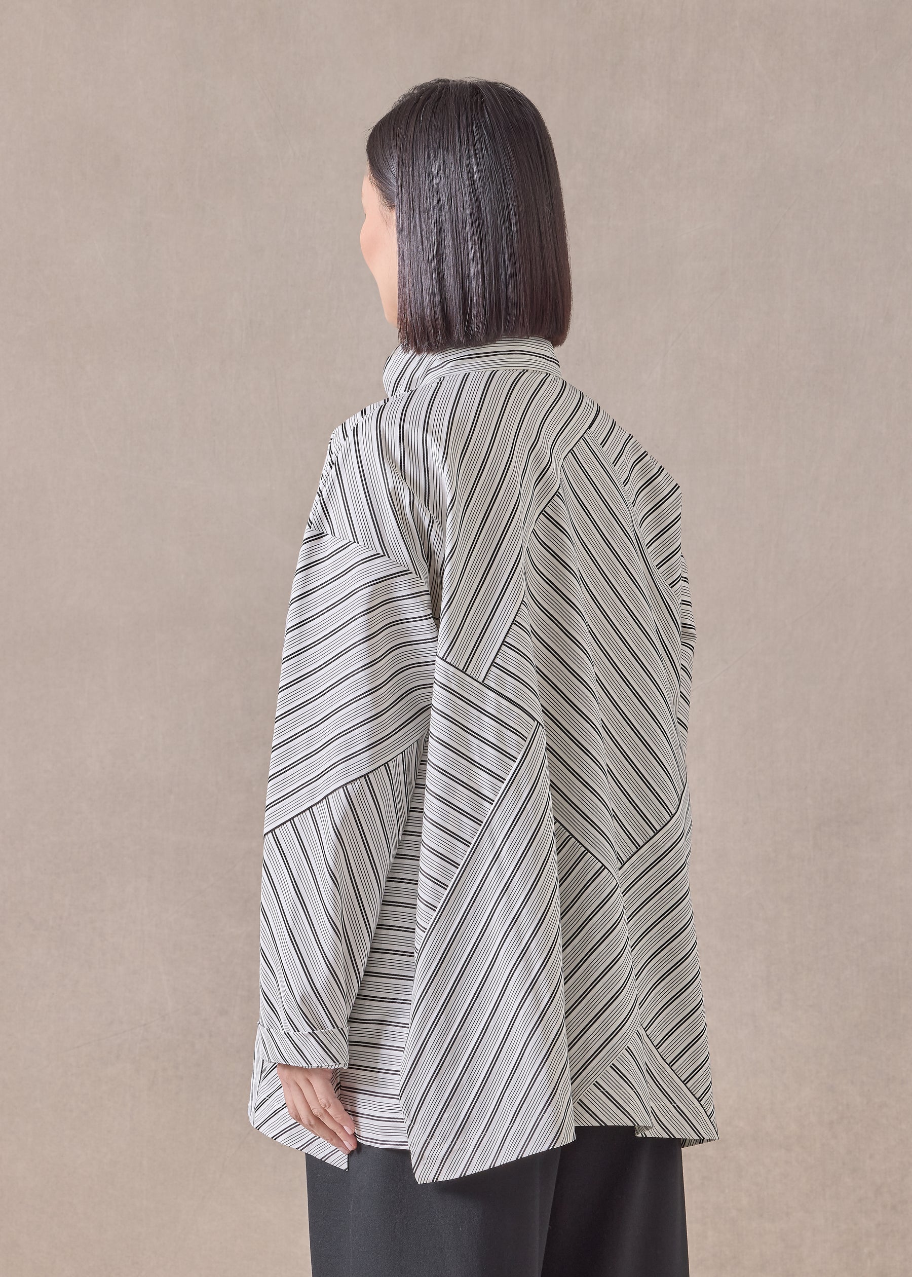 cotton slim a-line double stand collar shirt with stepped insert - long (patchwork)