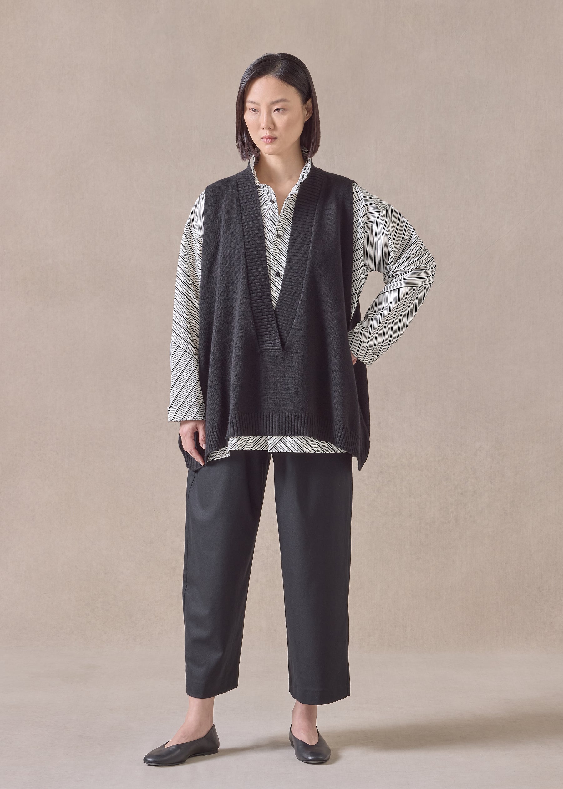 cotton slim a-line double stand collar shirt with stepped insert - long (patchwork)