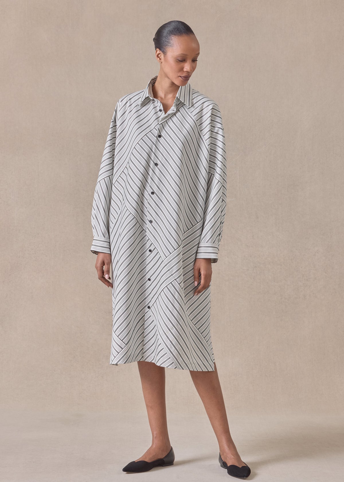 cotton slim a-line long sleeve shirt dress with collar and stepped insert -3/4 length (blackstripe)