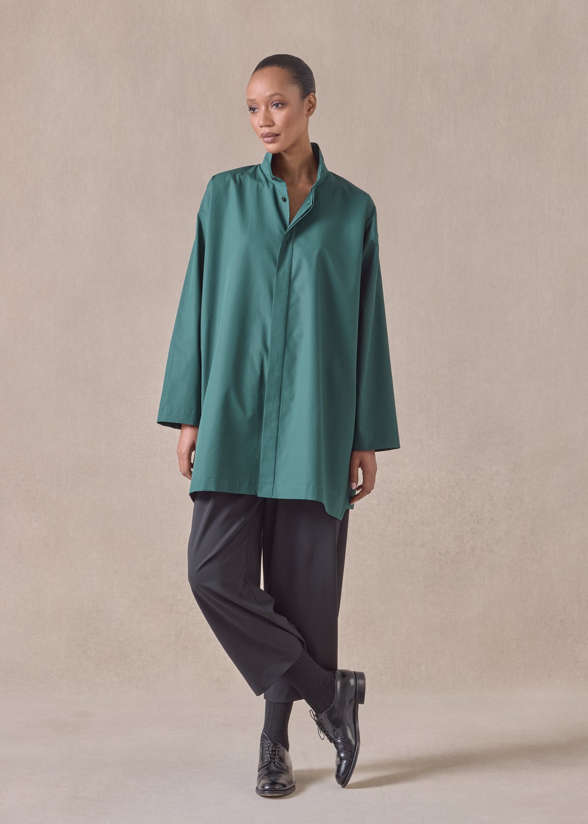 cotton slim a-line shirt with double stand collar and stepped insert - long plus