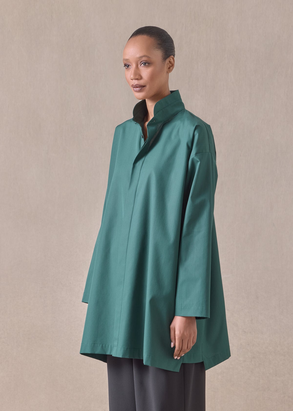 cotton slim a-line shirt with double stand collar and stepped insert - long plus