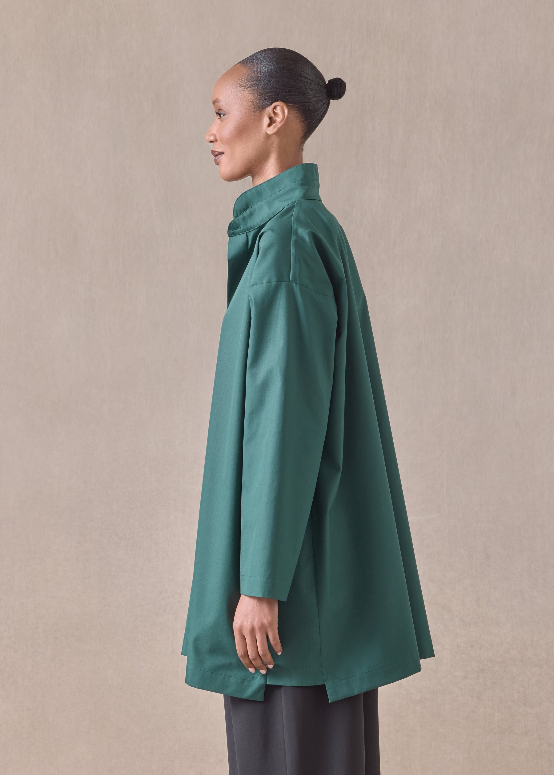 cotton slim a-line shirt with double stand collar and stepped insert - long plus