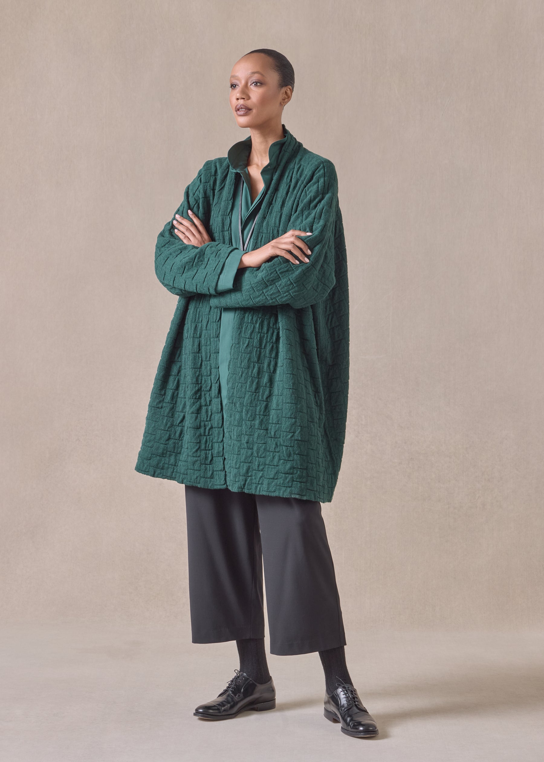 cotton slim a-line shirt with double stand collar and stepped insert - long plus